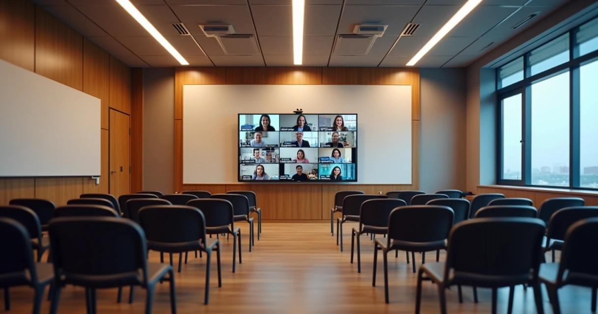 Sala de treinamento vazia ao lado de vidoconferência cheia 