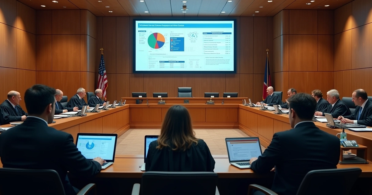 Sala de tribunal moderna com computadores e juízes trabalhando em tablets 