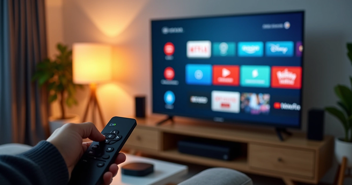 Pessoa usando TV Box em sala moderna com aplicativos de streaming na tela 