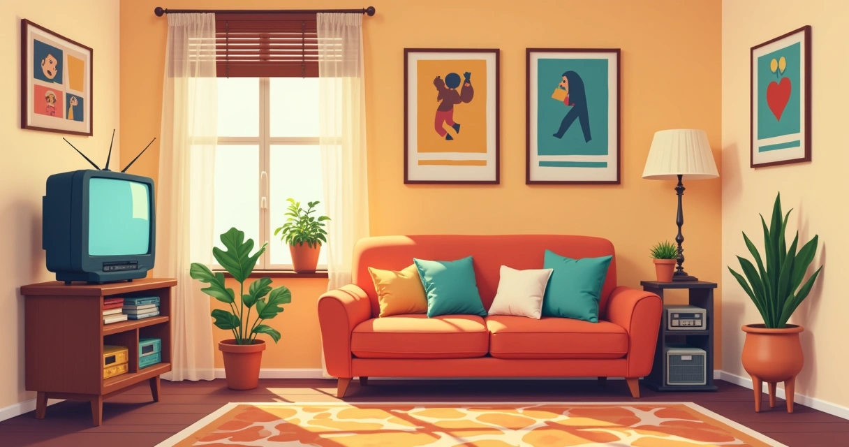 sala decorada em estilo retrô com uma televisão antiga, móveis de madeira e pôsteres de filmes clássicos na parede 