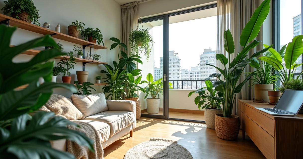 Sala integrada à varanda cheia de plantas tropicais organizadas em prateleiras 
