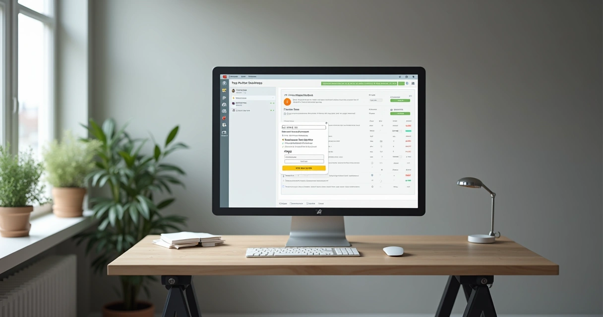 Sala vazia com computador mostrando jornada de aluguel online 