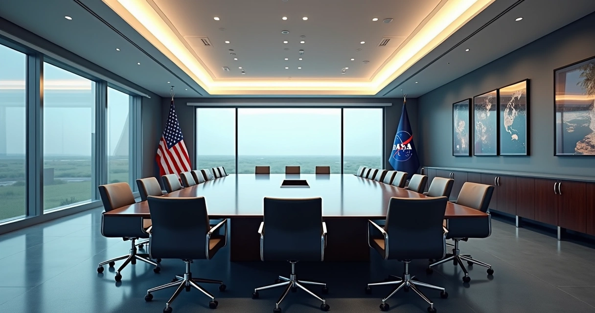 Sala de reuniões vazia com cadeiras e bandeira americana 