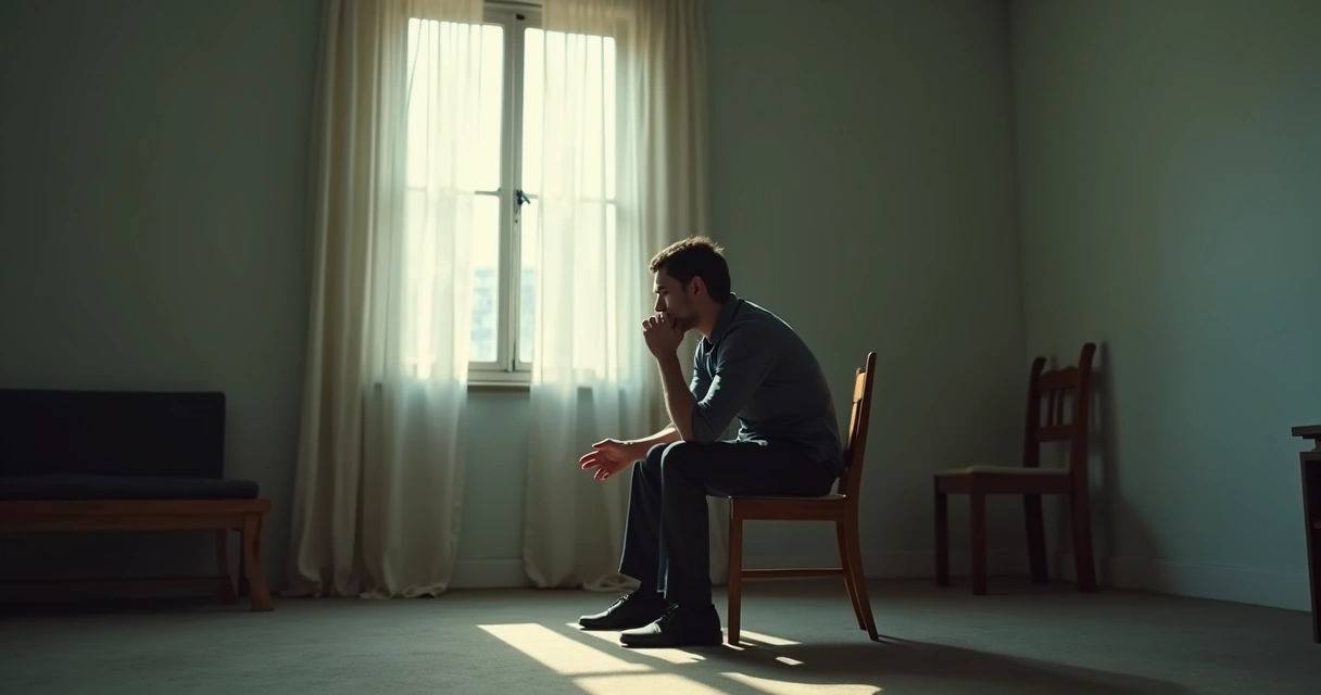 Pessoa pensativa sentada em uma sala vazia com luz suave entrando pela janela 