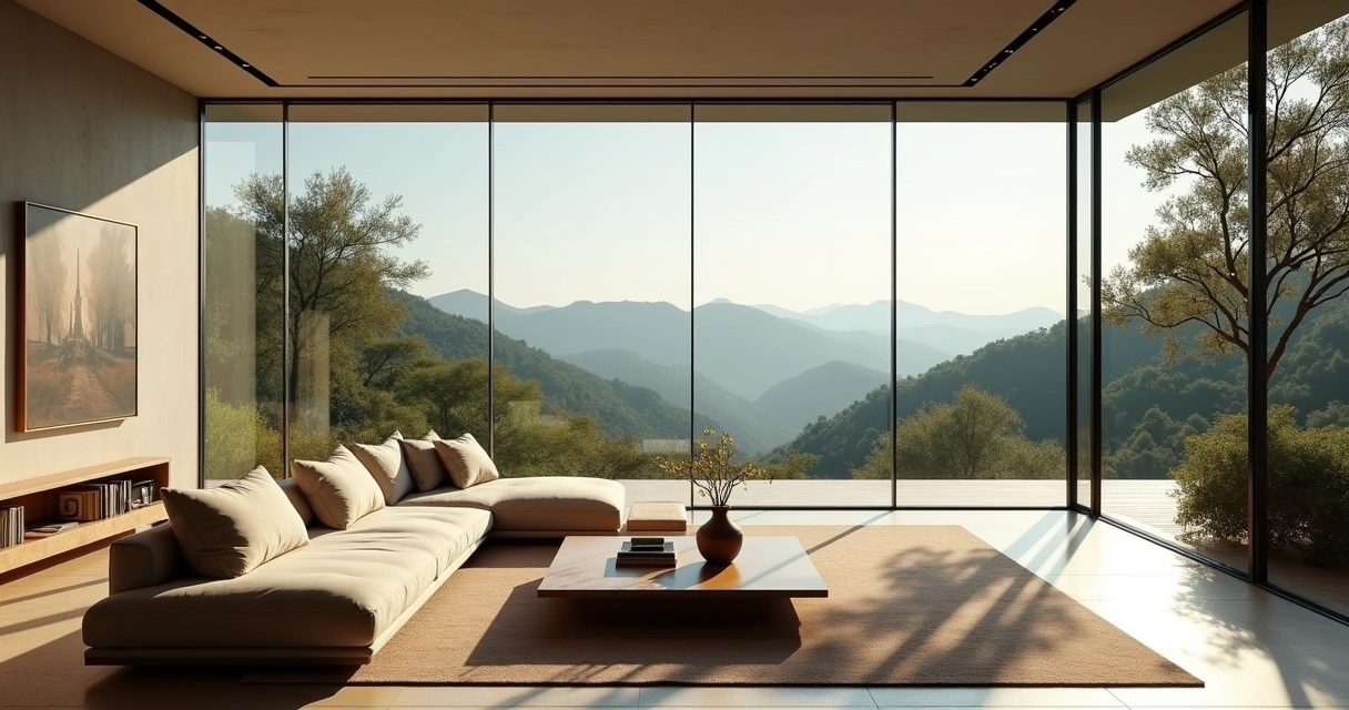 Sala de villa de luxo com vista ampla para a natureza 