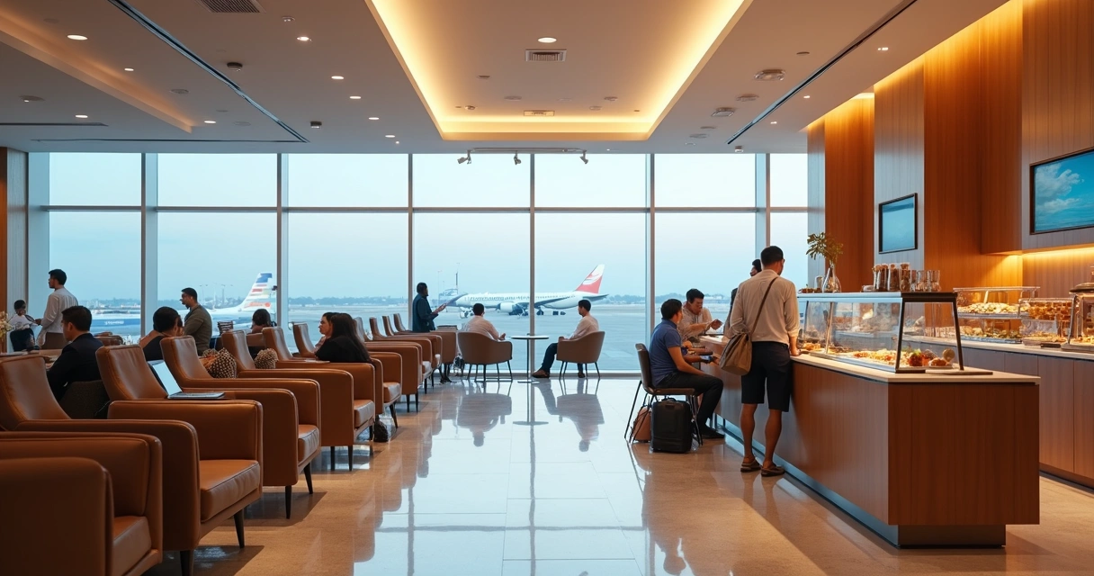 Área interna de sala VIP com poltronas e buffet 