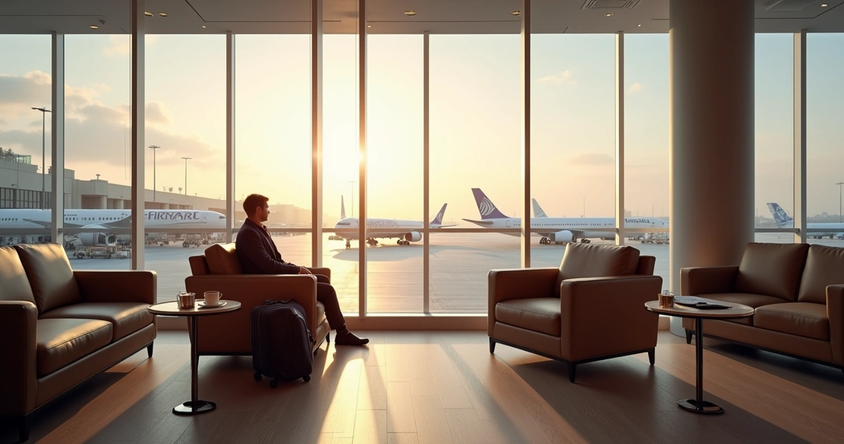 Sala VIP de aeroporto com poltronas e vista para aviões 