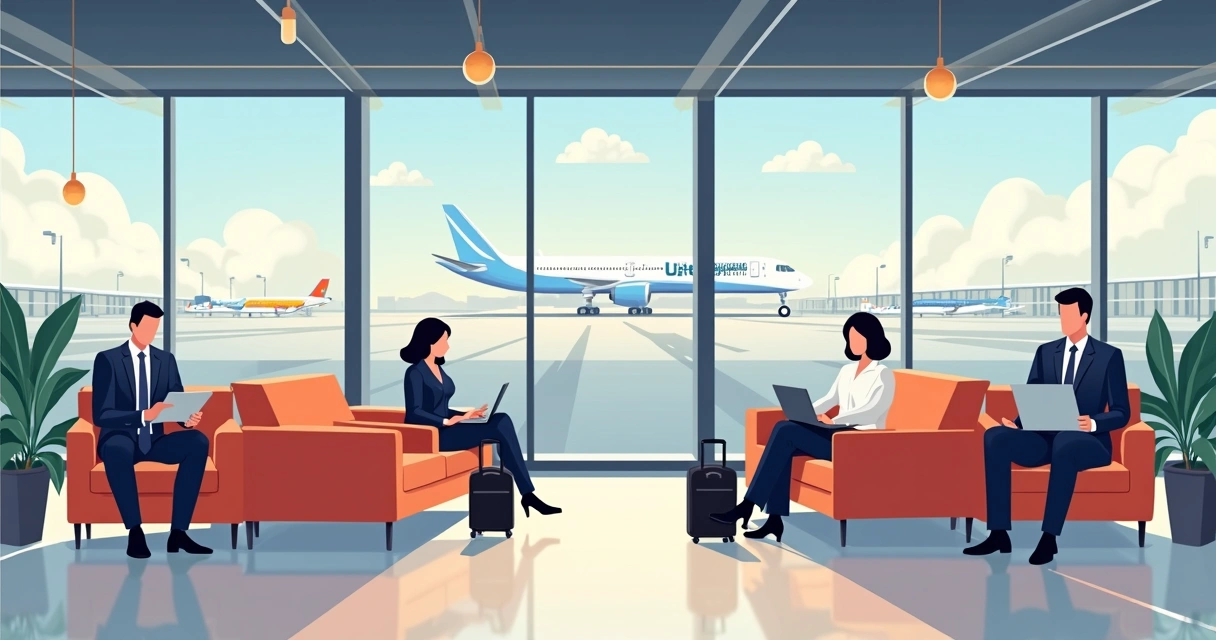 Espaço premium em aeroporto representando experiência confortável para viajantes corporativos 