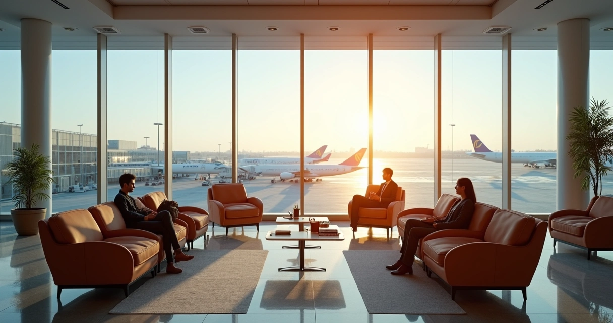 Área de sala VIP de aeroporto mostrando cadeiras confortáveis e poucos passageiros 