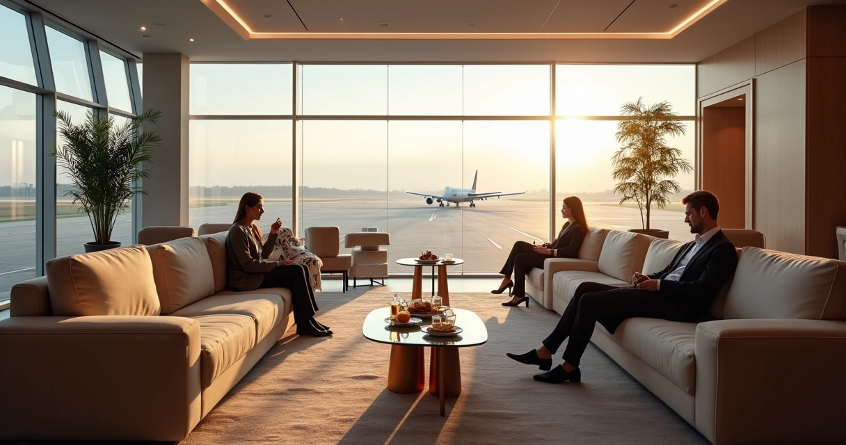 Sala VIP de aeroporto com poltronas e janelas amplas 