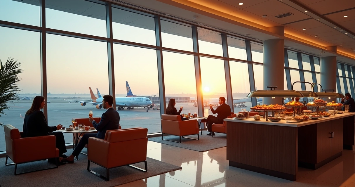 Sala VIP de aeroporto sofisticada com poltronas de couro e vista para as pistas 