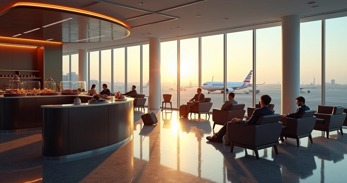 Sala VIP de aeroporto moderna com passageiros relaxando 