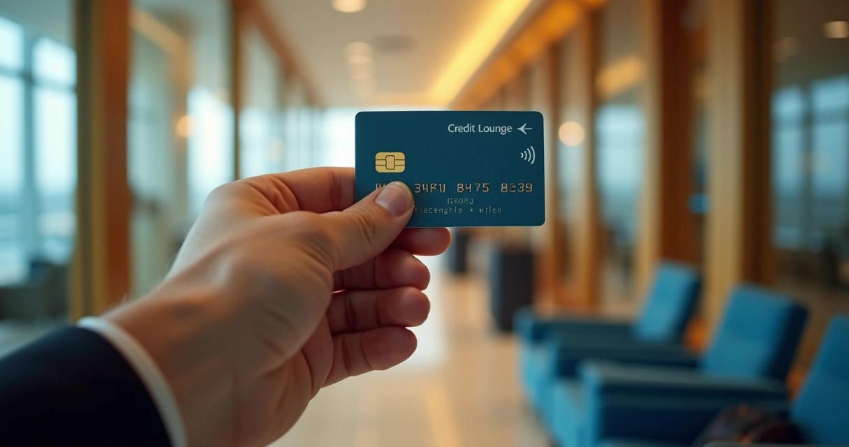 Pessoa mostrando cartão de crédito de luxo na entrada de sala VIP de aeroporto 