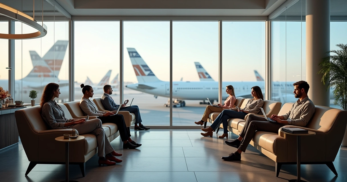 Sala VIP de aeroporto com passageiros relaxando 