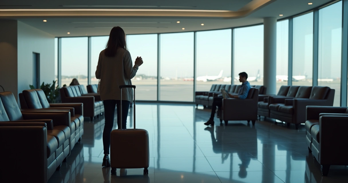 Sala VIP de aeroporto com poltronas e pessoa com cartão na mão 