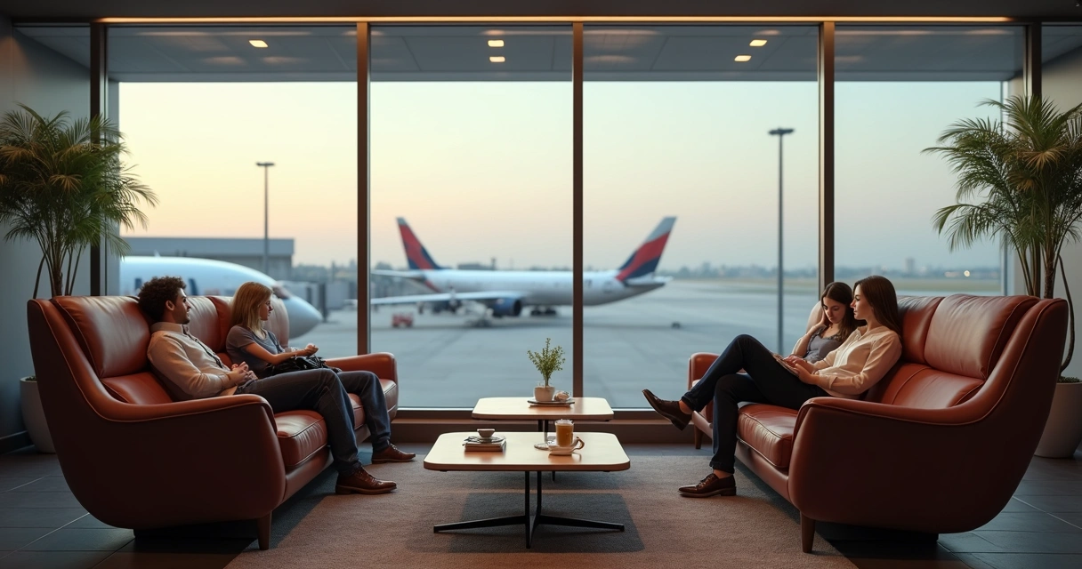 Sala VIP de aeroporto aconchegante com poltronas e viajantes descansando
