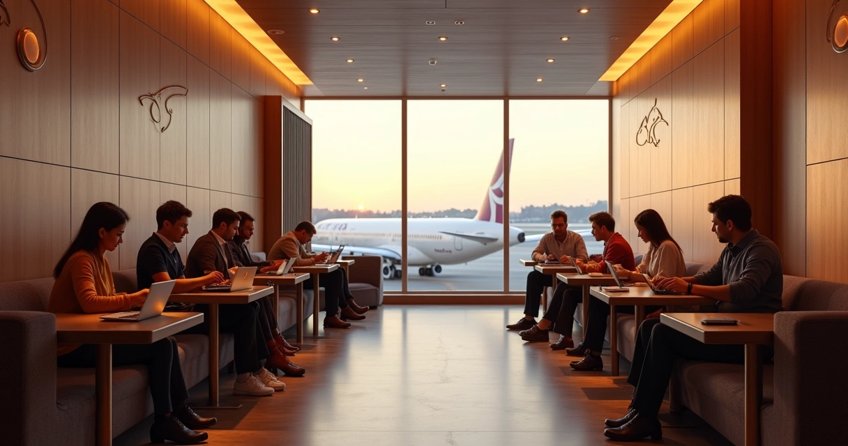 Sala VIP elegante de aeroporto com pessoas relaxando. 