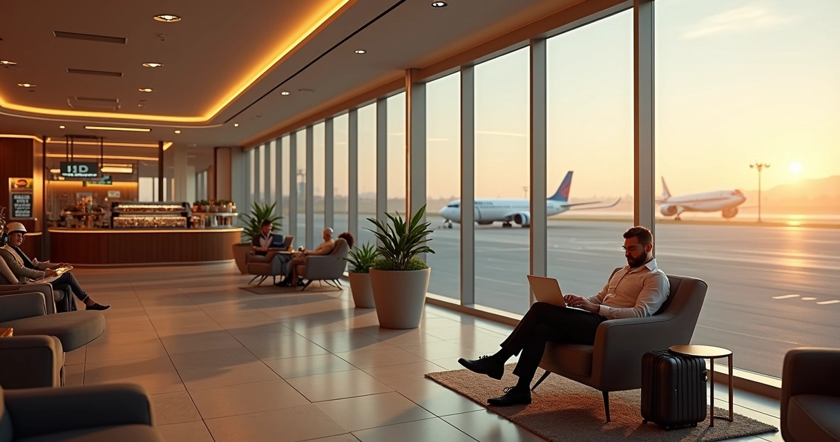 Passageiro relaxando em sala vip moderna de aeroporto 