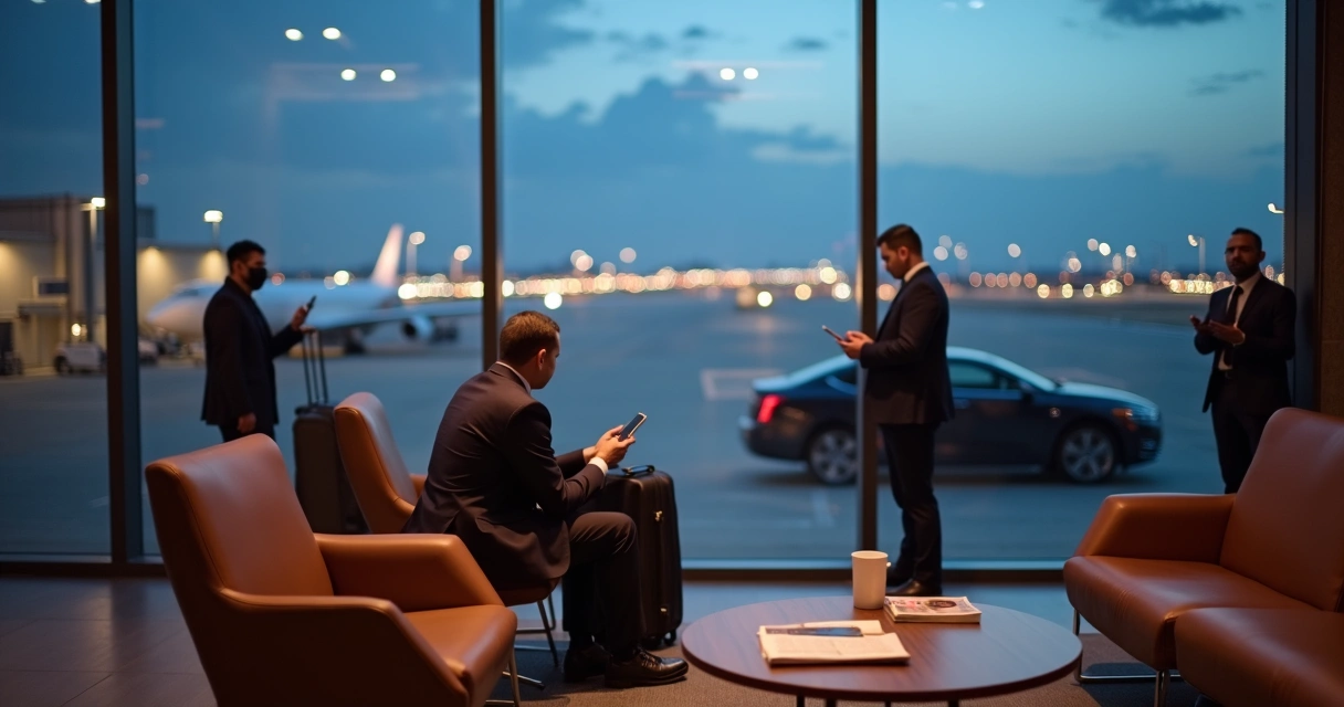 Sala vip de aeroporto com vista para pista e sedã executivo aguardando passageiros 