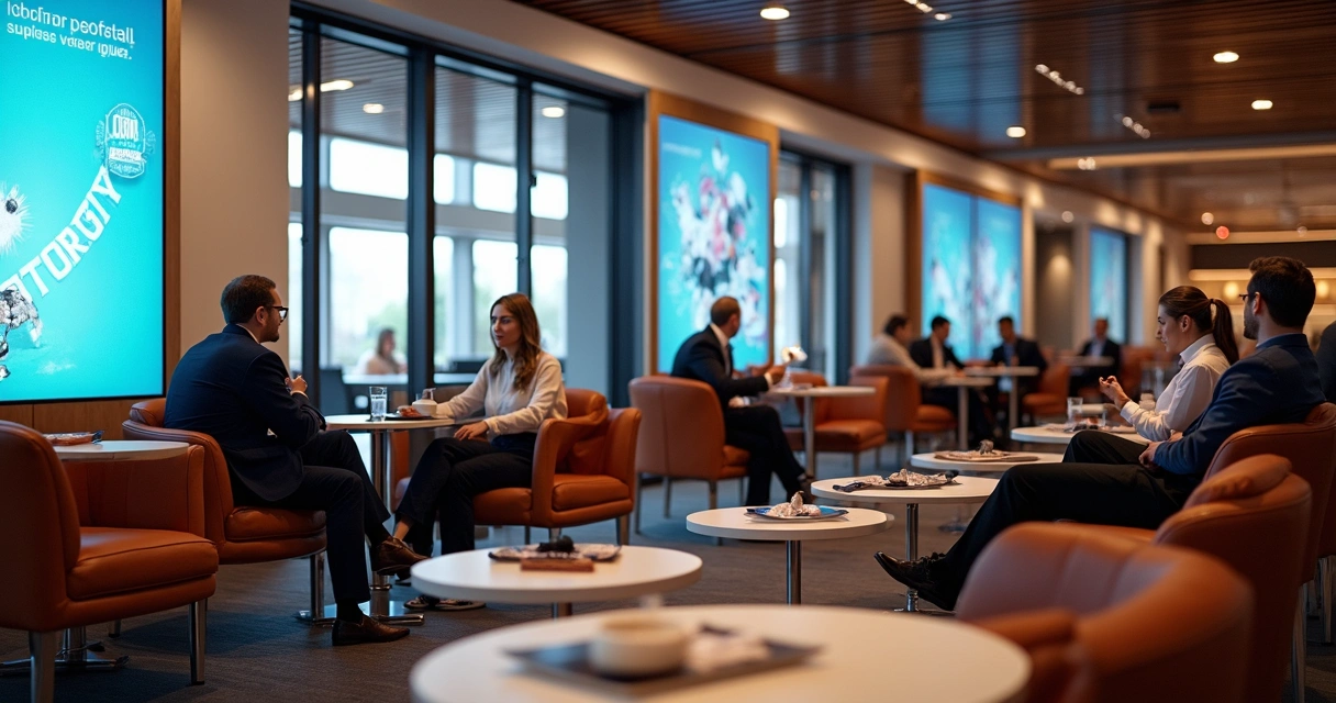 Campanha visual com telas digitais e porta-copos em sala VIP 