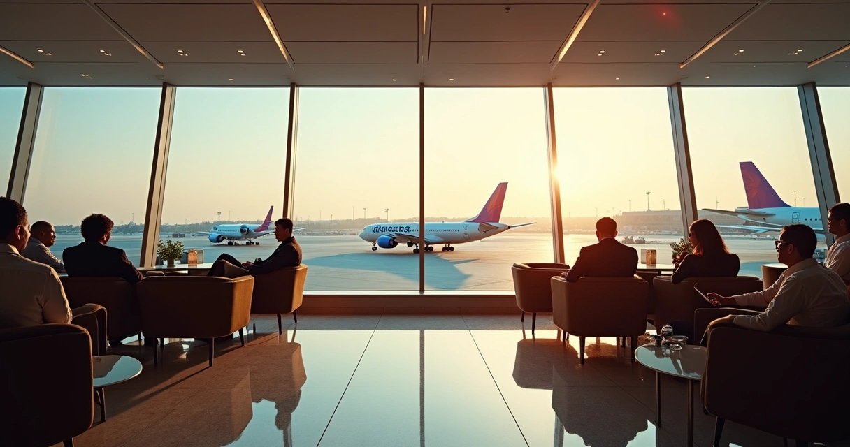Sala VIP de aeroporto moderna e elegante, com pessoas relaxando 