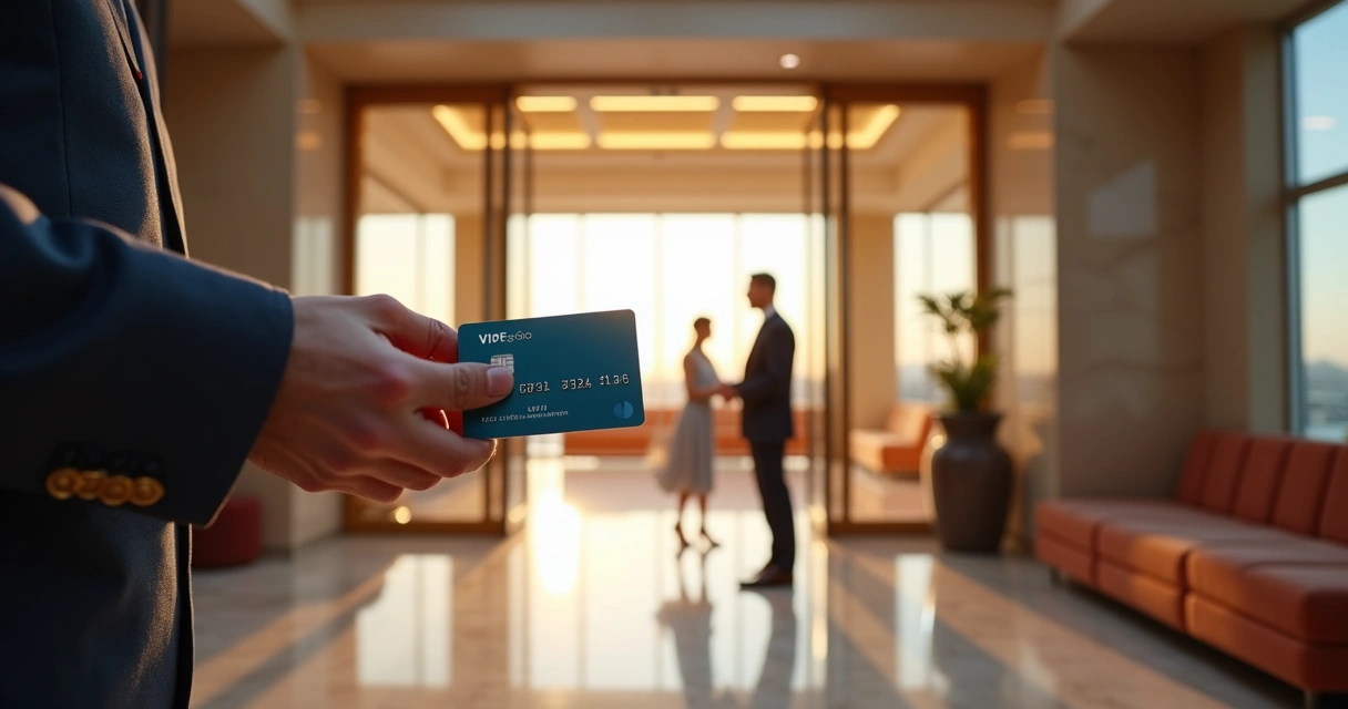 Entrada de uma sala VIP moderna de aeroporto com cartão de crédito na mão de passageiro 