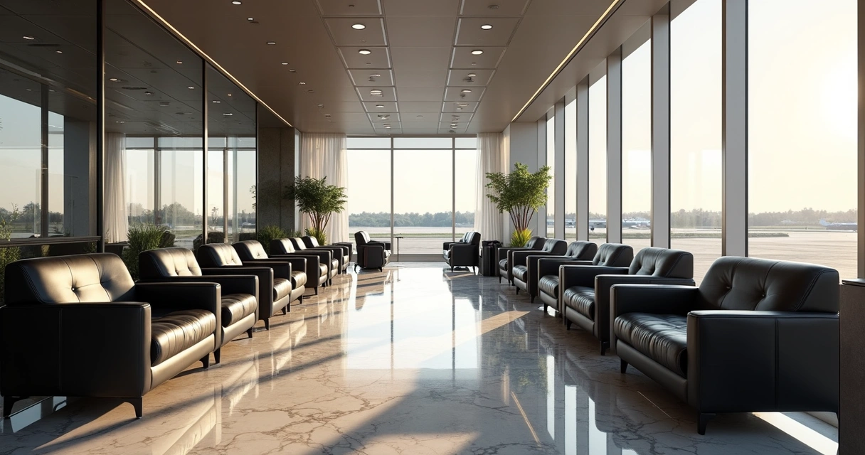 Sala VIP de aeroporto moderna e vazia com poltronas e luz natural 