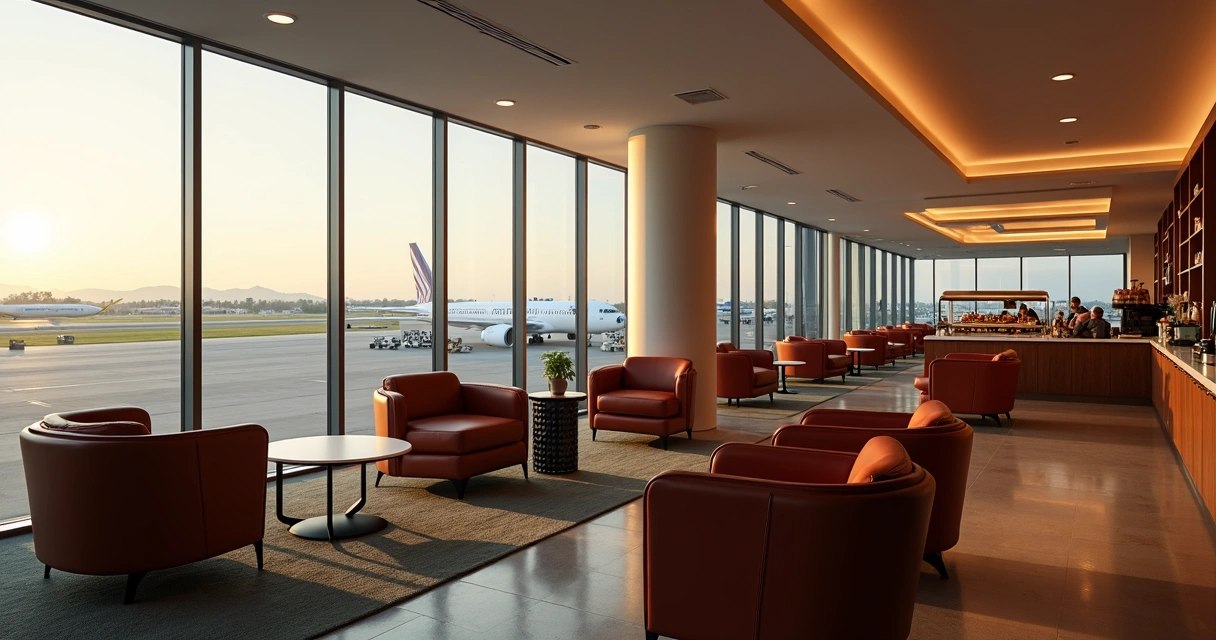 Poltronas de couro em lounge vip, área de descanso e buffet no Aeroporto de Congonhas 