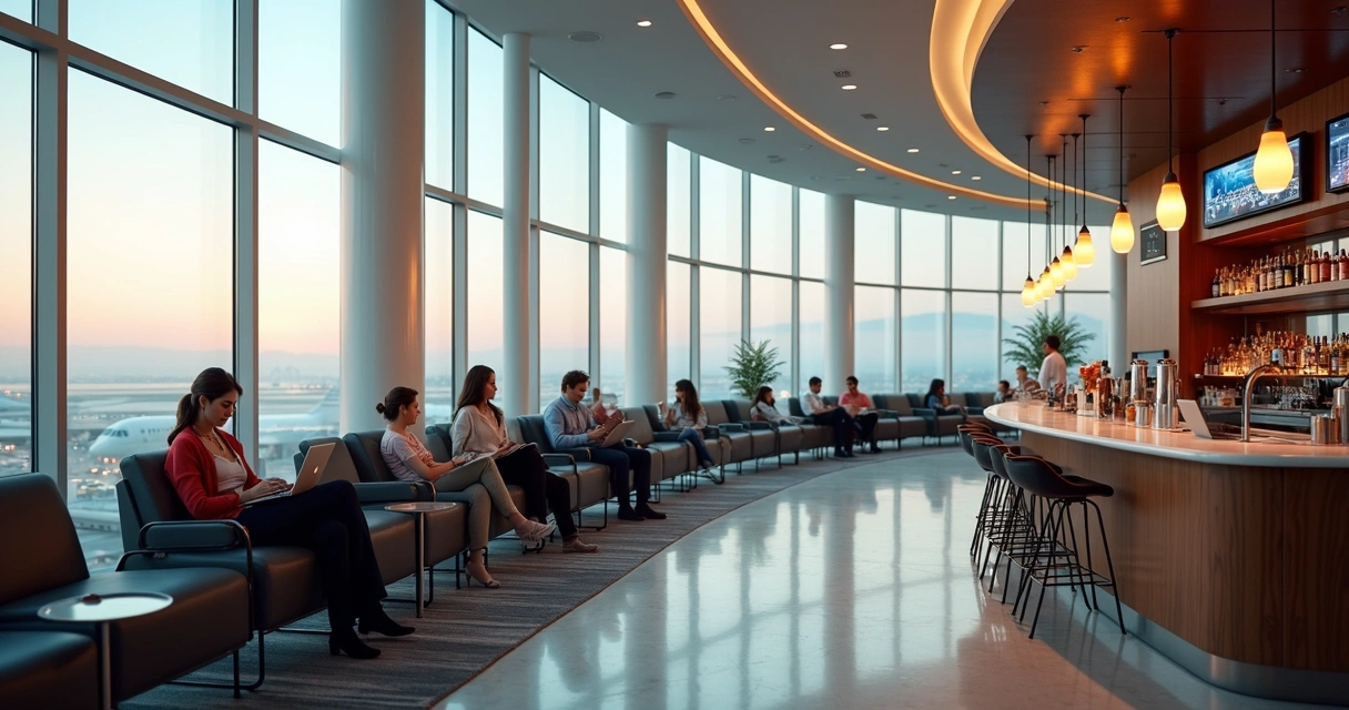 Sala VIP moderna com passageiros relaxando 