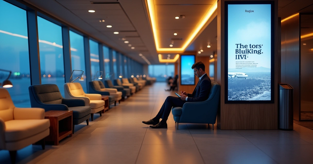 Sala VIP sofisticada com poltronas e telas exibindo anúncio digital 