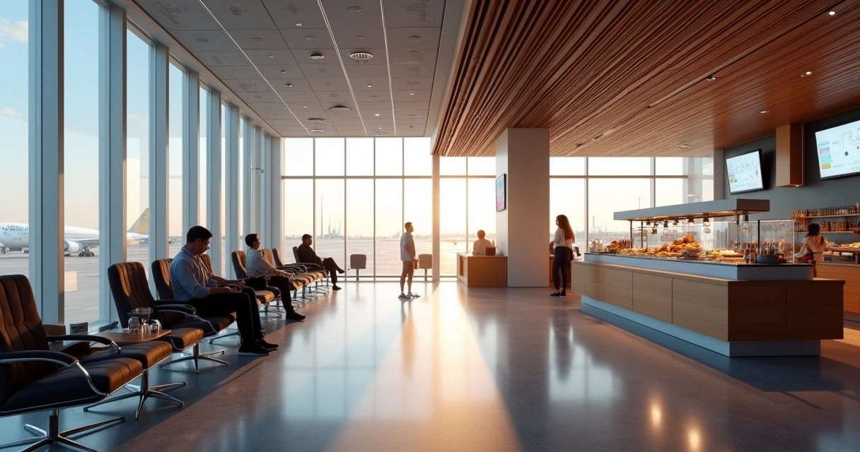 Sala vip moderna de aeroporto com poltronas elegantes e poucas pessoas 