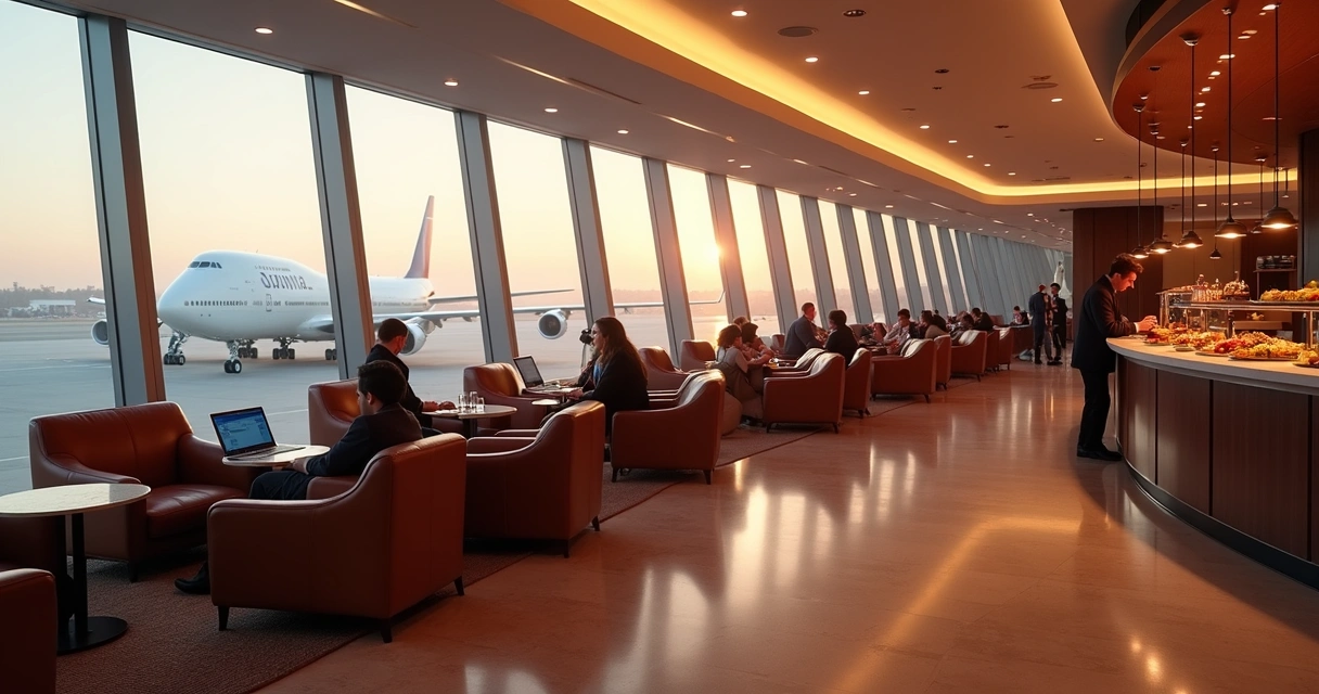 Salão VIP espaçoso com poltronas de couro, vista para pista de pouso e passageiros relaxando 