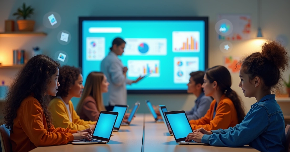 Sala virtual de aprendizagem com pessoas interagindo em computadores e telas grandes 