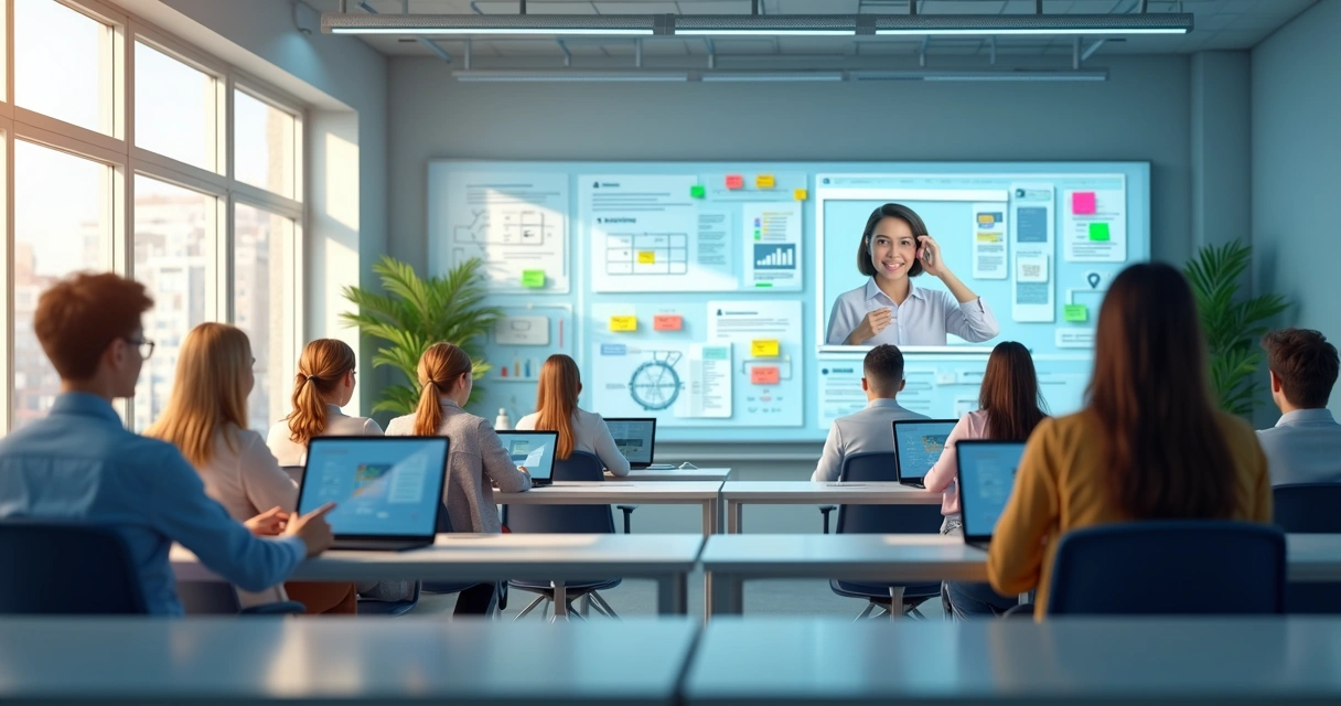 Ilustração de sala virtual com alunos conectados em dispositivos diferentes, lousa digital ao fundo