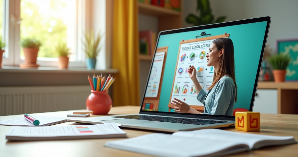 Sala virtual de pedagogia com professora em videoconferência e materiais educativos coloridos na tela 