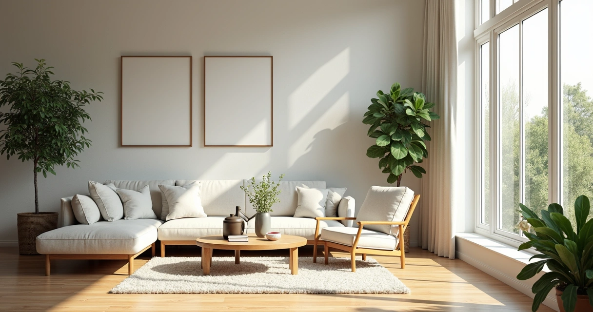 Sala de visitas espaçosa e bem iluminada por luz natural, com decoração neutra e janelas grandes. 