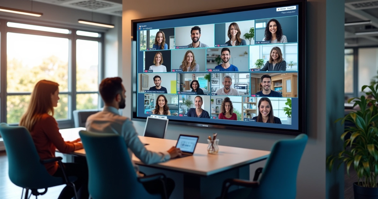 Sala virtual de workshop com pessoas interagindo em telas e quadro branco digital 