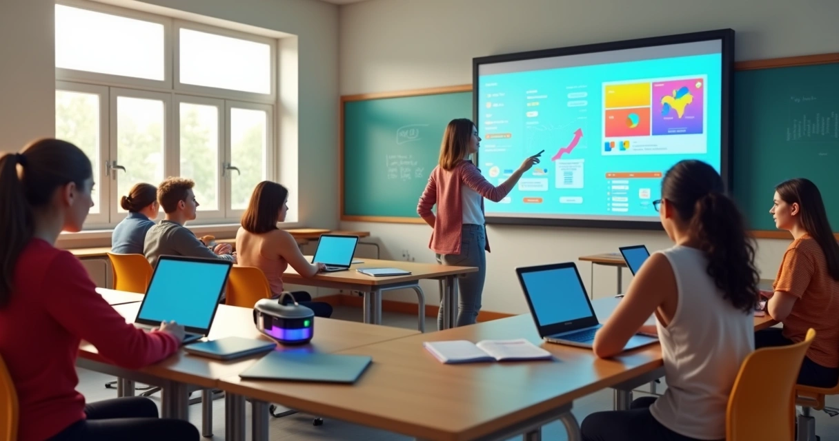 Sala de aula moderna com alunos usando laptops e tablets, professora interagindo com tela digital interativa 