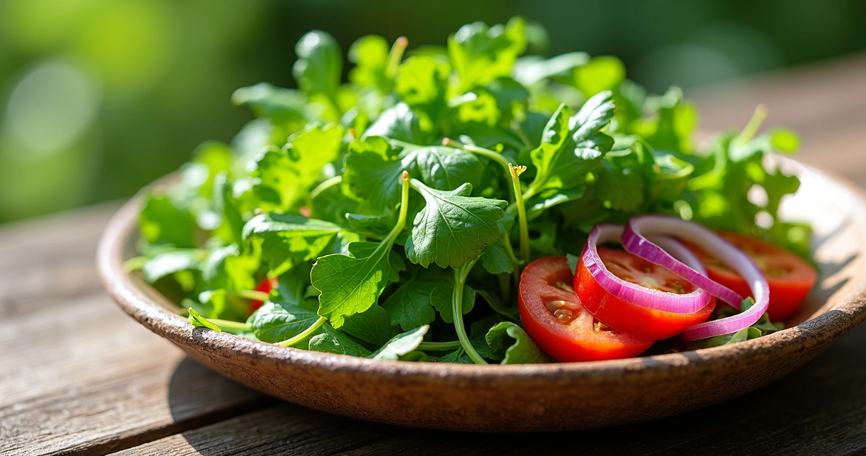 Salada de agrião com tomate, cebola roxa e folha fresca 