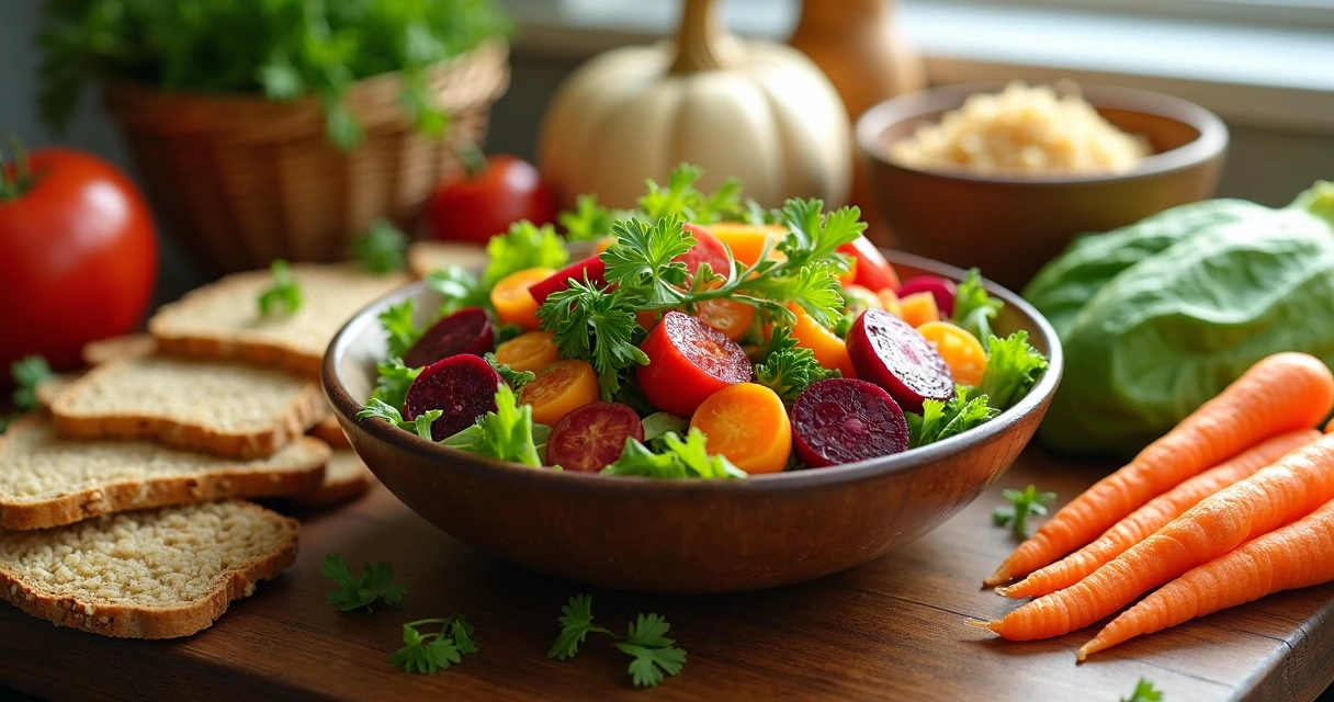 Salada de vegetais crus com sementes e arroz integral 