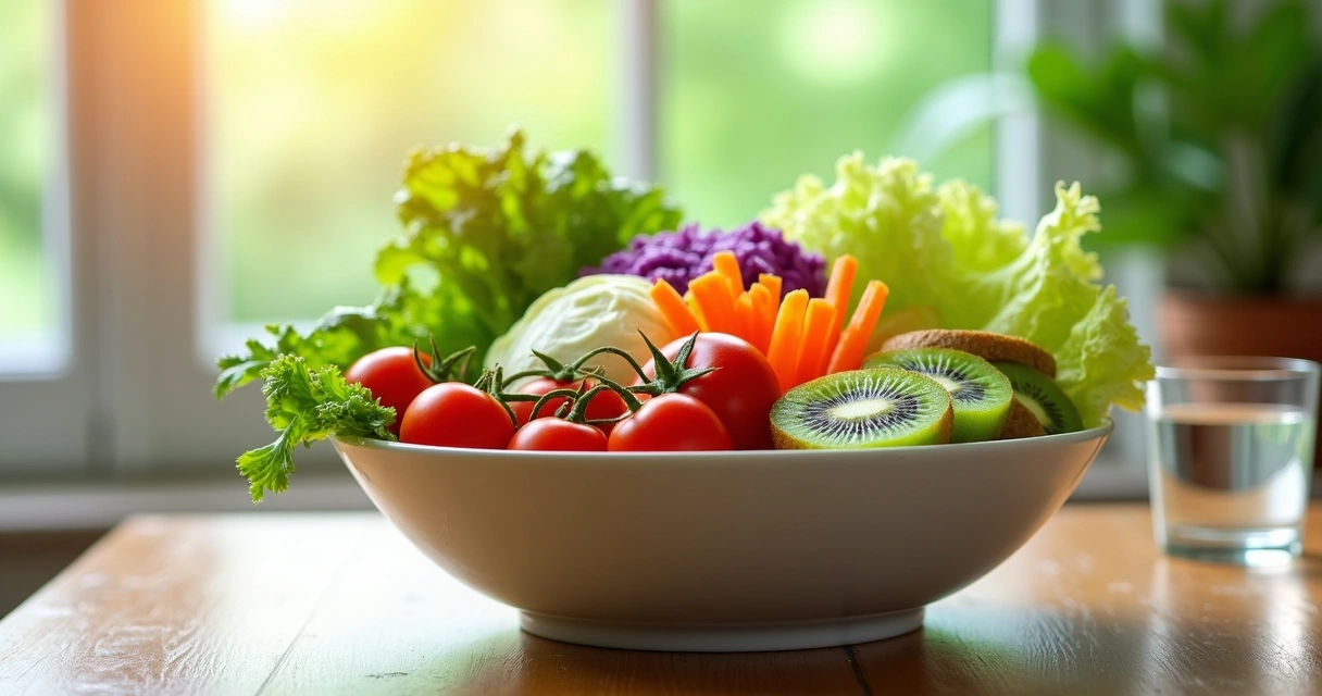 Salada colorida com legumes frescos e frutas em uma tigela 