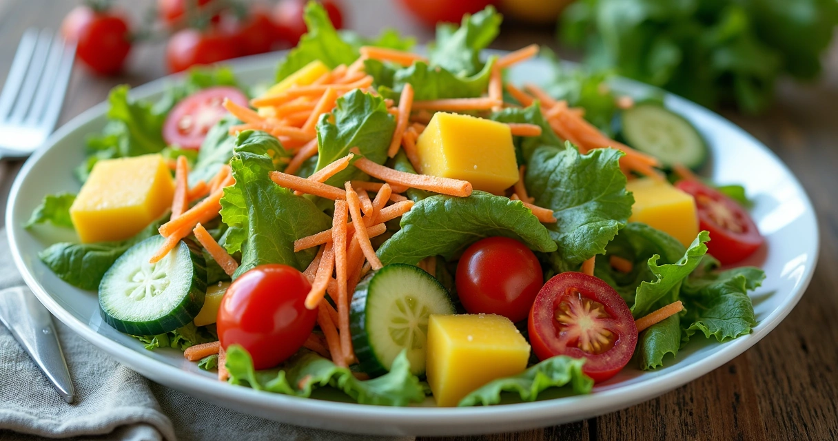 Salada colorida com legumes, folhas verdes e frutas amarelas 
