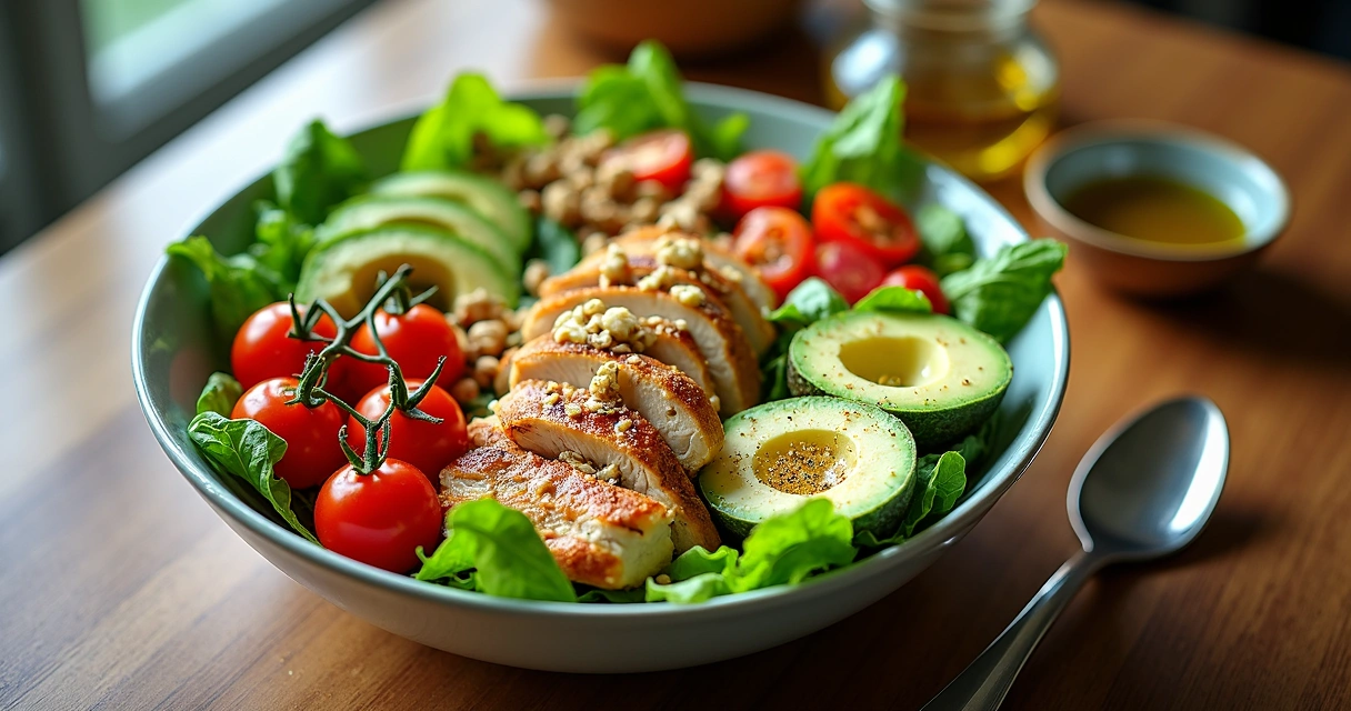 Salada colorida com verduras frescas, castanhas e tiras de frango
