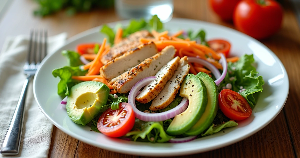 Prato com salada colorida, legumes variados e peito de frango grelhado
