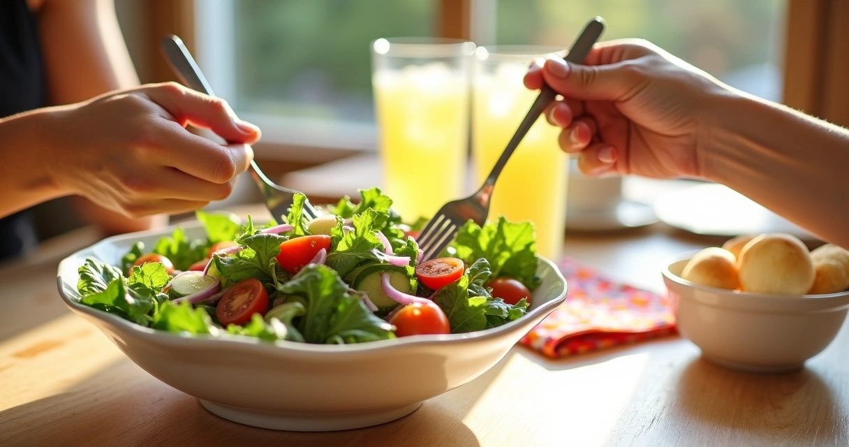 Salada colorida servida em prato branco, fundo de mesa de madeira clara 