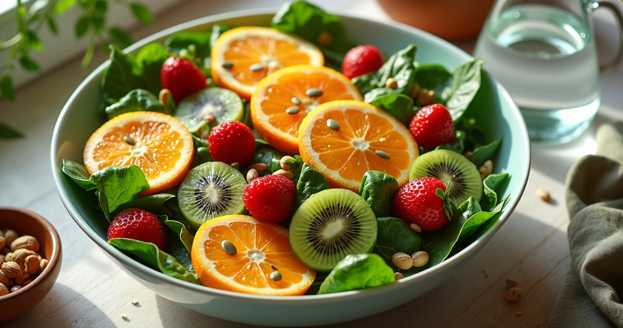 Salada com folhas verdes, frutas vermelhas e sementes de abóbora 