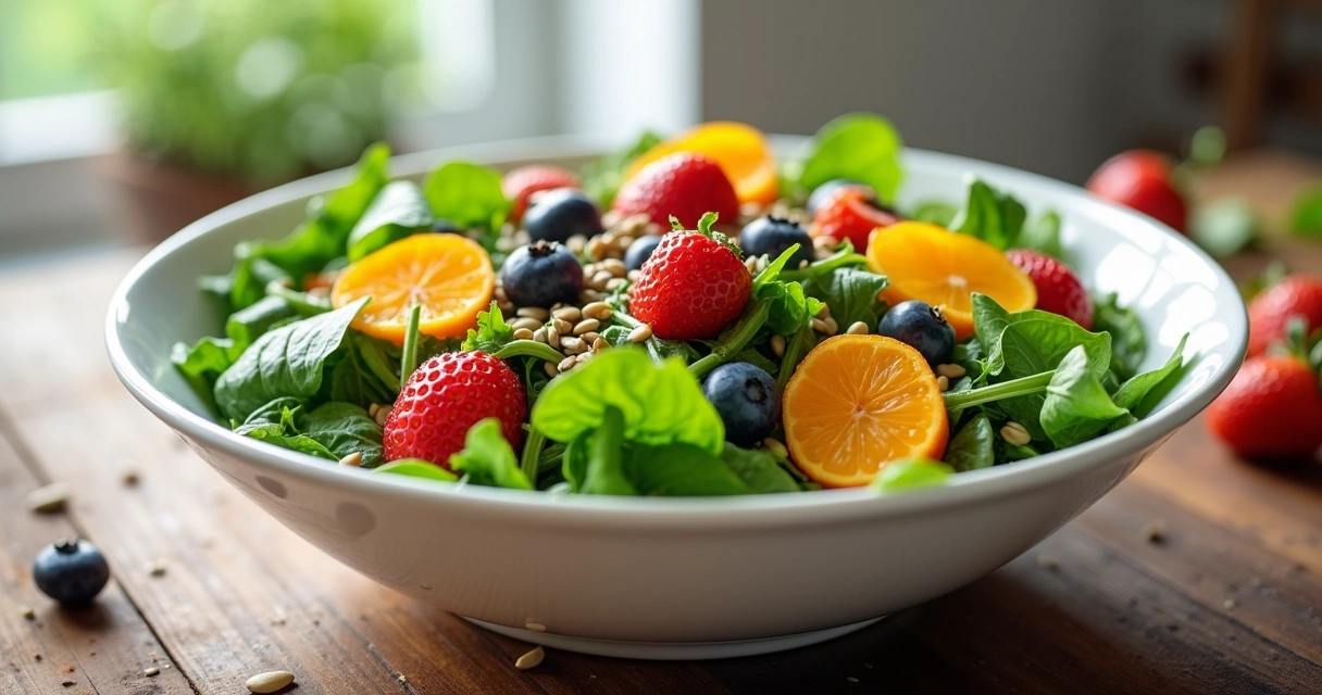 Salada com folhas verdes, frutas e sementes 