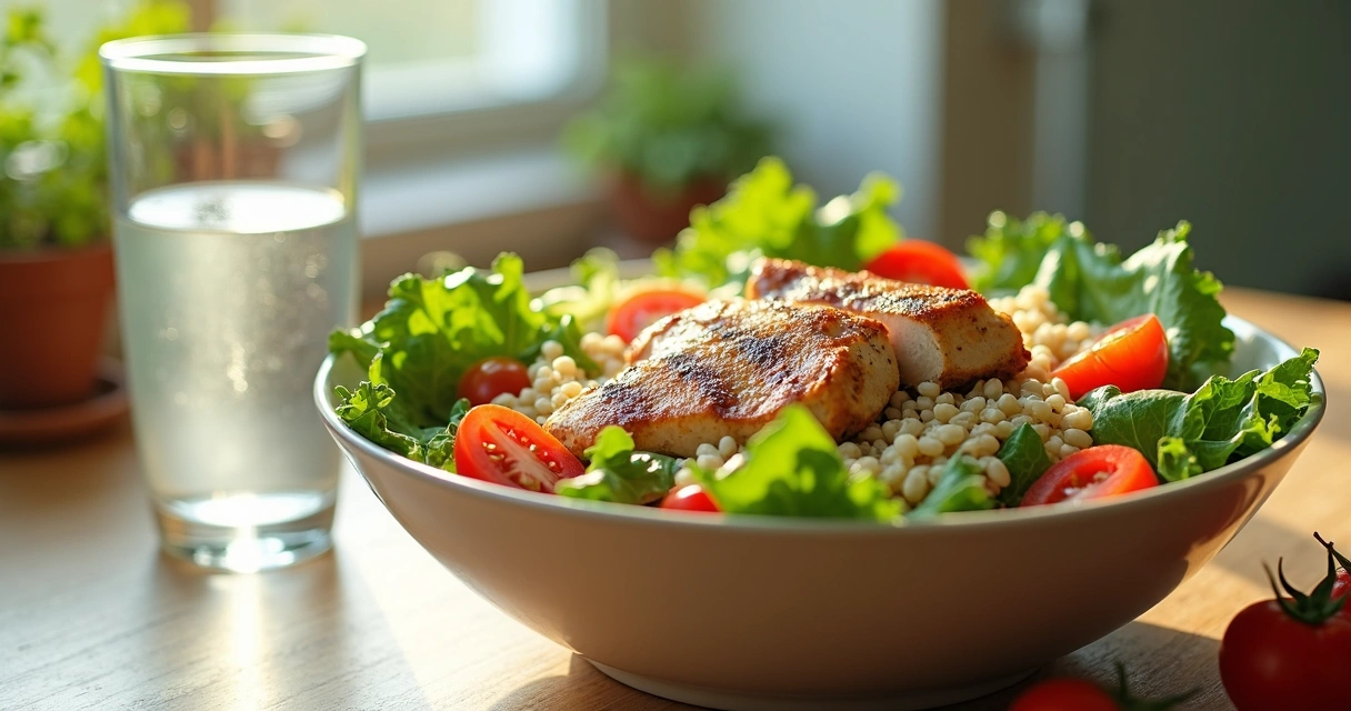 Tigela de salada colorida com peito de frango grelhado, tomates, folhas verdes, grãos integrais e água ao lado 