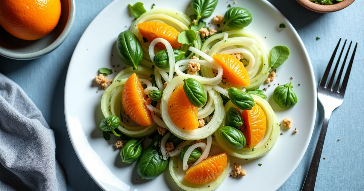 Salada de funcho, laranjas e folhas verdes em prato branco. 