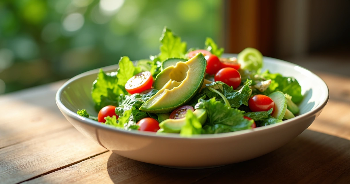 Salada fresca com folhas de moringa, abacate e tomate-cereja